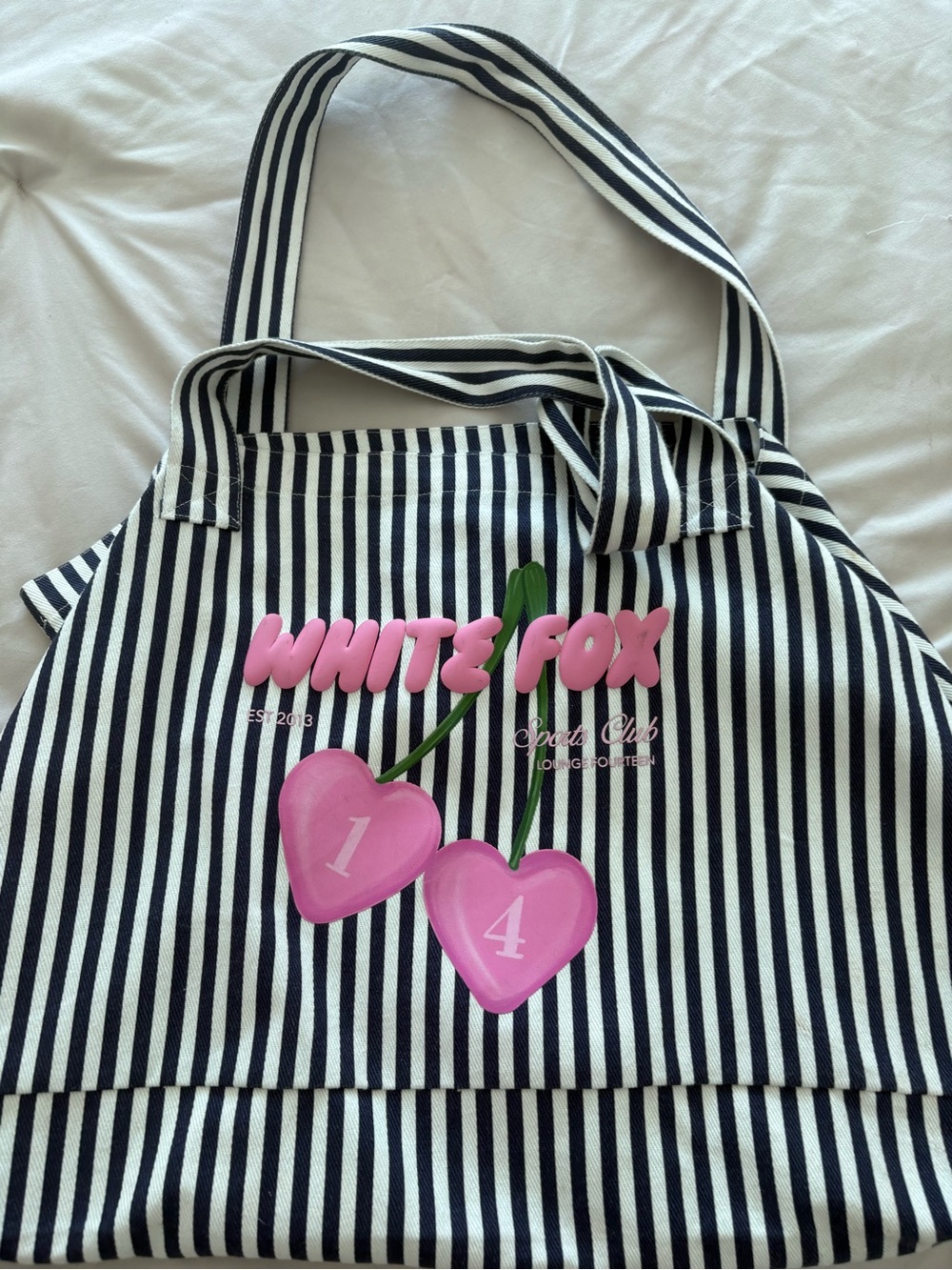 White Fox Boutique Black & White Striped Tote with Pink Cherry Graphic - Picture 1 of 3